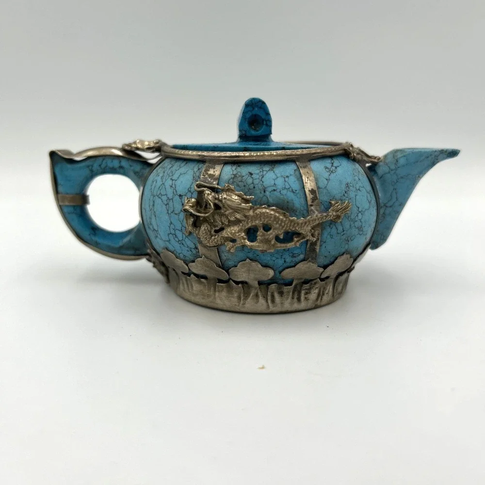 Oriental Turquoise Miniature Teapot with Silver Accents Dragon Phoenix